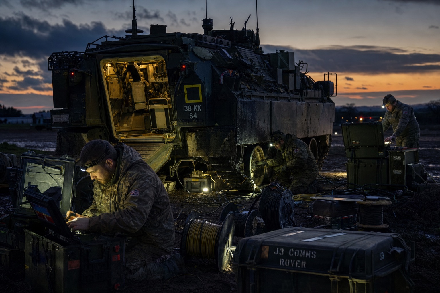 A field team working on an armoured vehicle at dusk, comms cases and cable drums laid out around it