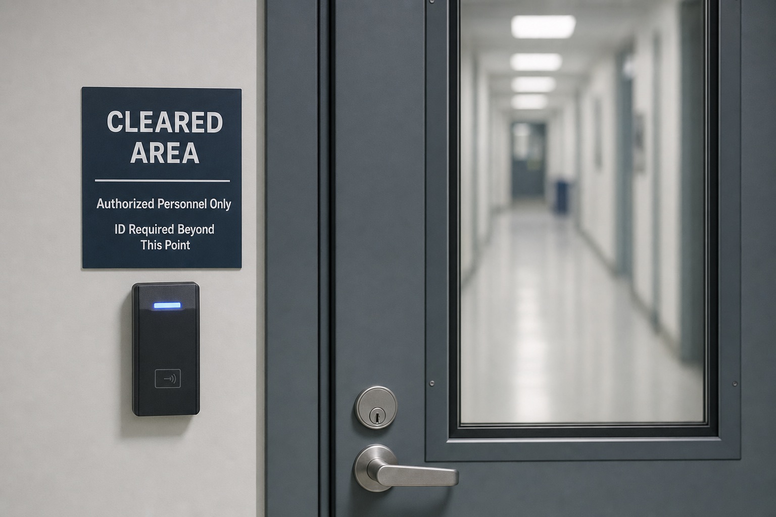 A controlled-access door marked Cleared Area, authorised personnel only