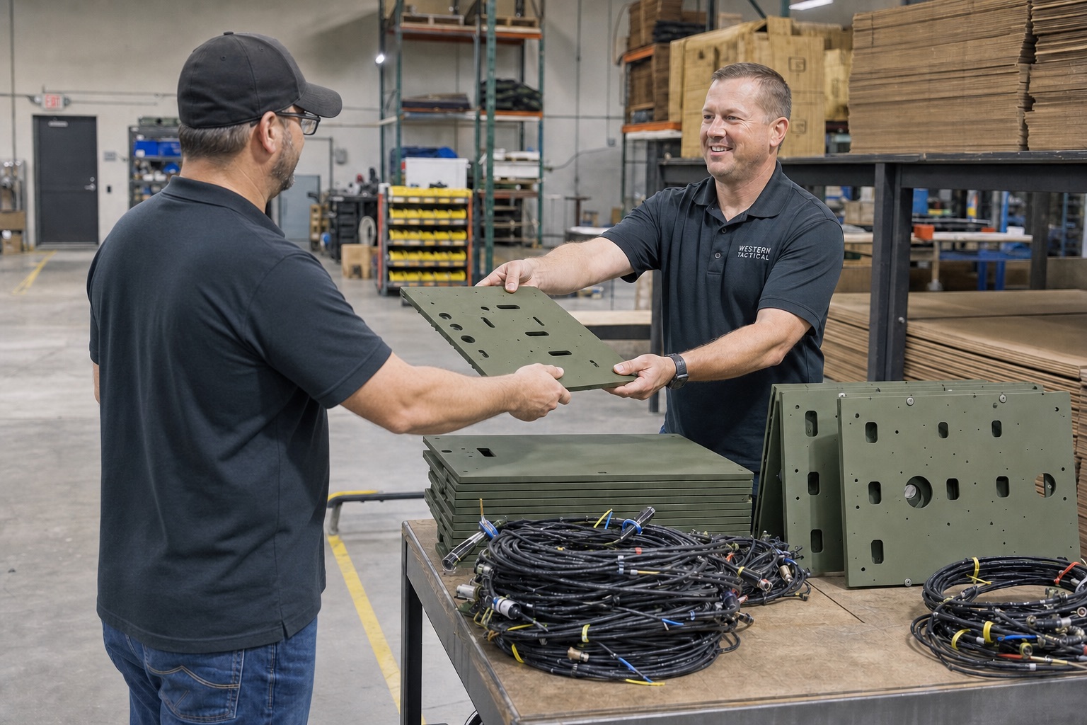 Two people handing over a machined mounting plate beside completed cable harnesses