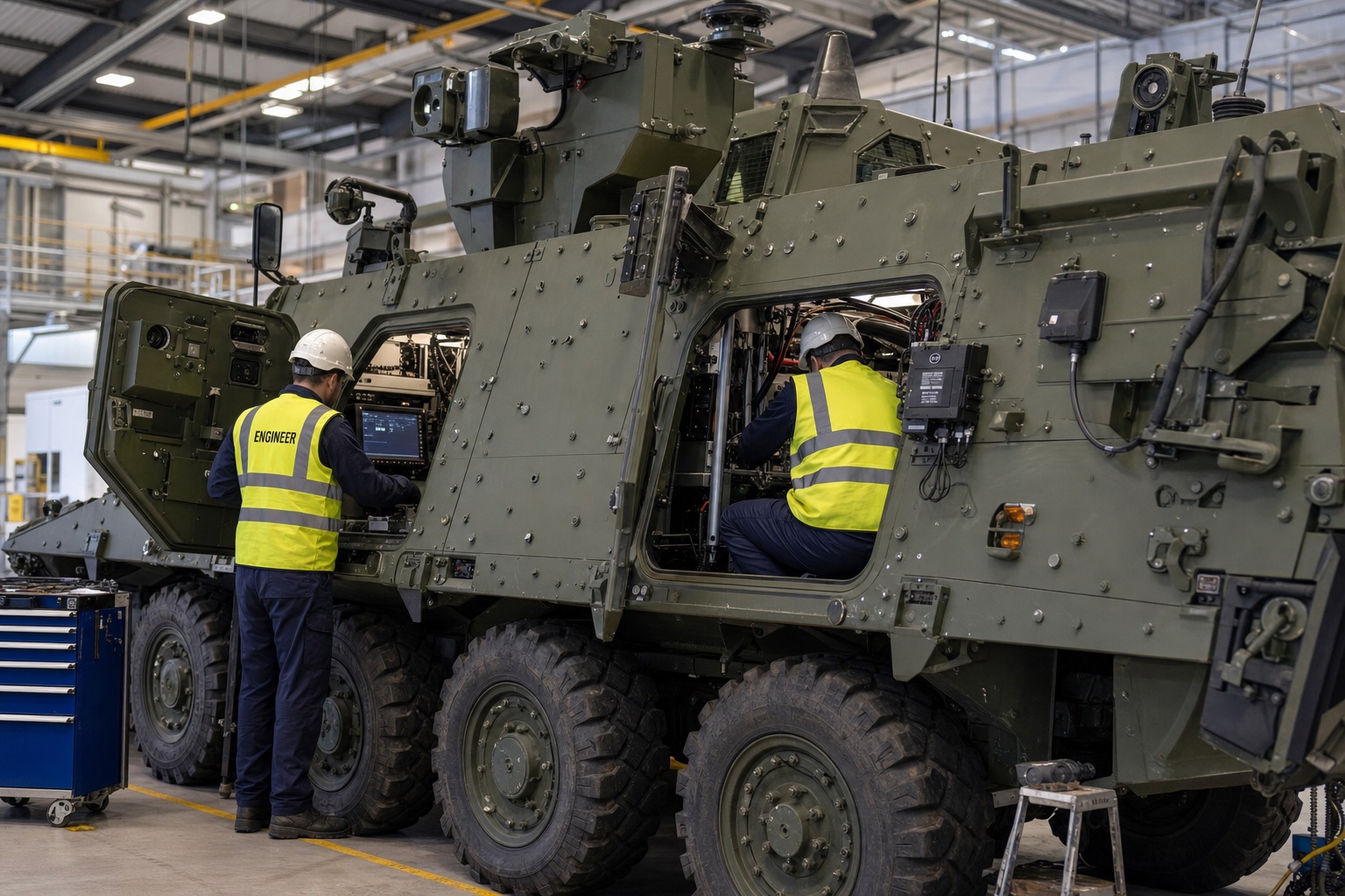 Engineers working on the electronic fit of an armoured vehicle in a workshop bay