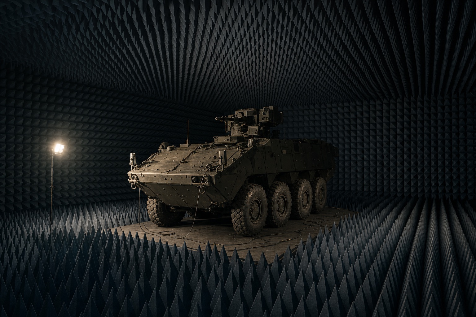 An armoured vehicle undergoing electromagnetic testing inside an anechoic chamber
